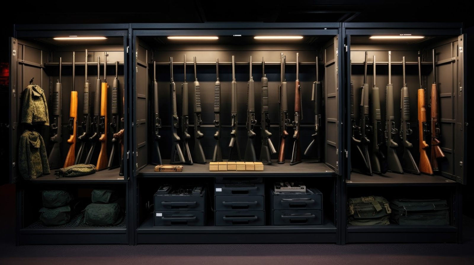 Organized gun safe cabinet with rifles and outdoor gear